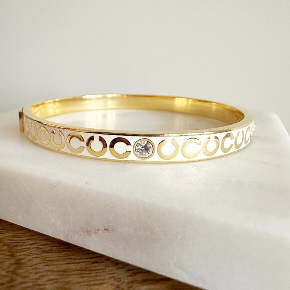 Coach Gold and White Monogram Bangle Bracelet with Crystals - Picture 1 of 9